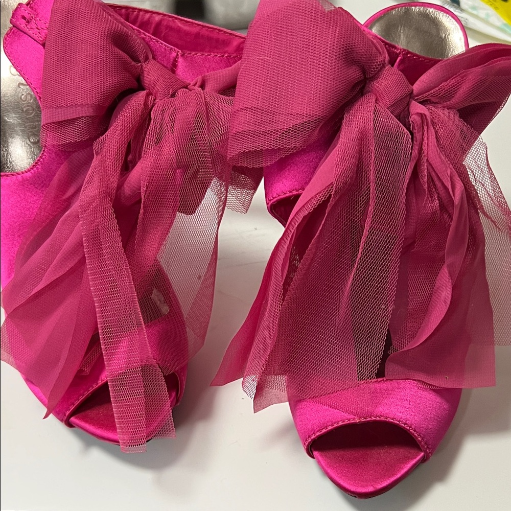 Pink Satin Peep Toe Heels with Bows